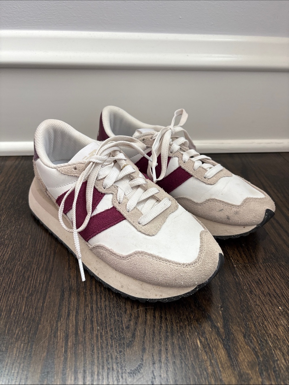 New Balance 237 Women’s Cream and Burgundy Accent Sneakers